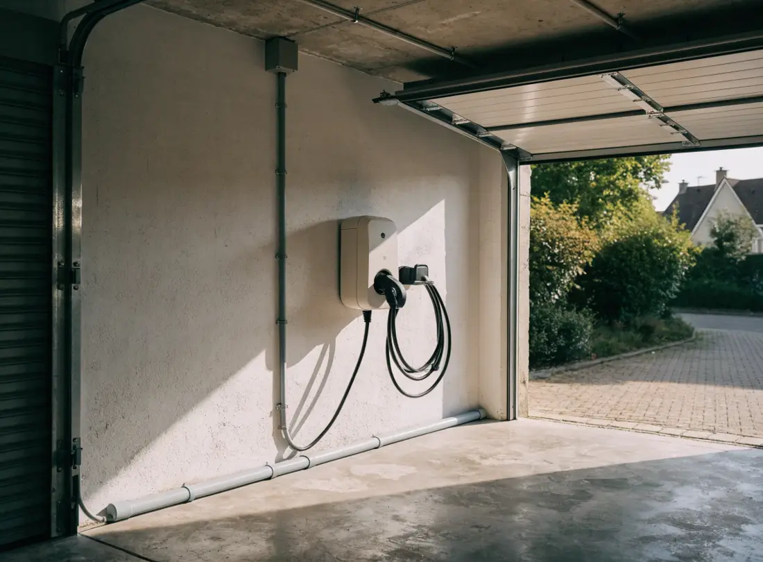 Borne de recharge installée sur le mur d'un garage, câble enroulé sur son support
