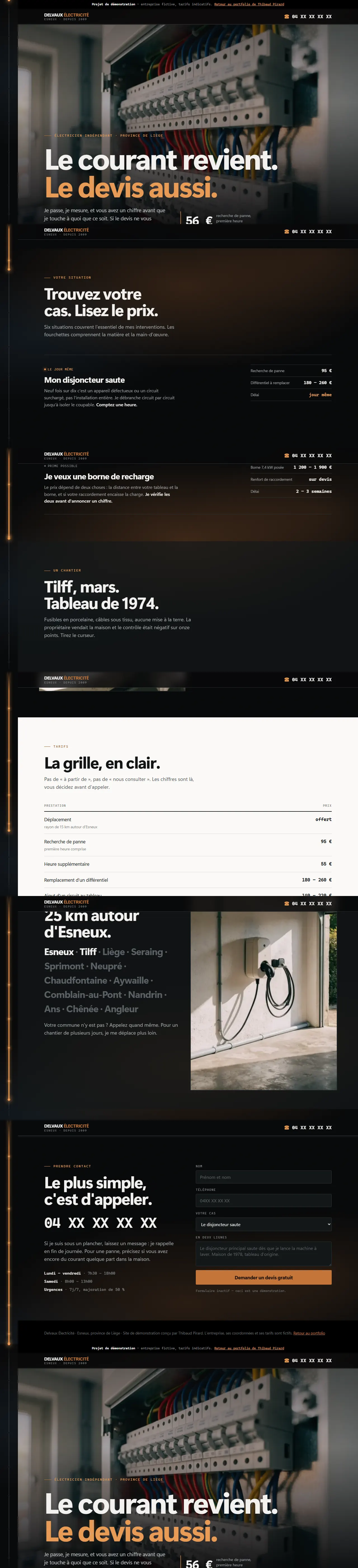 Défilement du site de démonstration pour un électricien : page d'accueil, grille de prix, cas de chantier et page de contact.