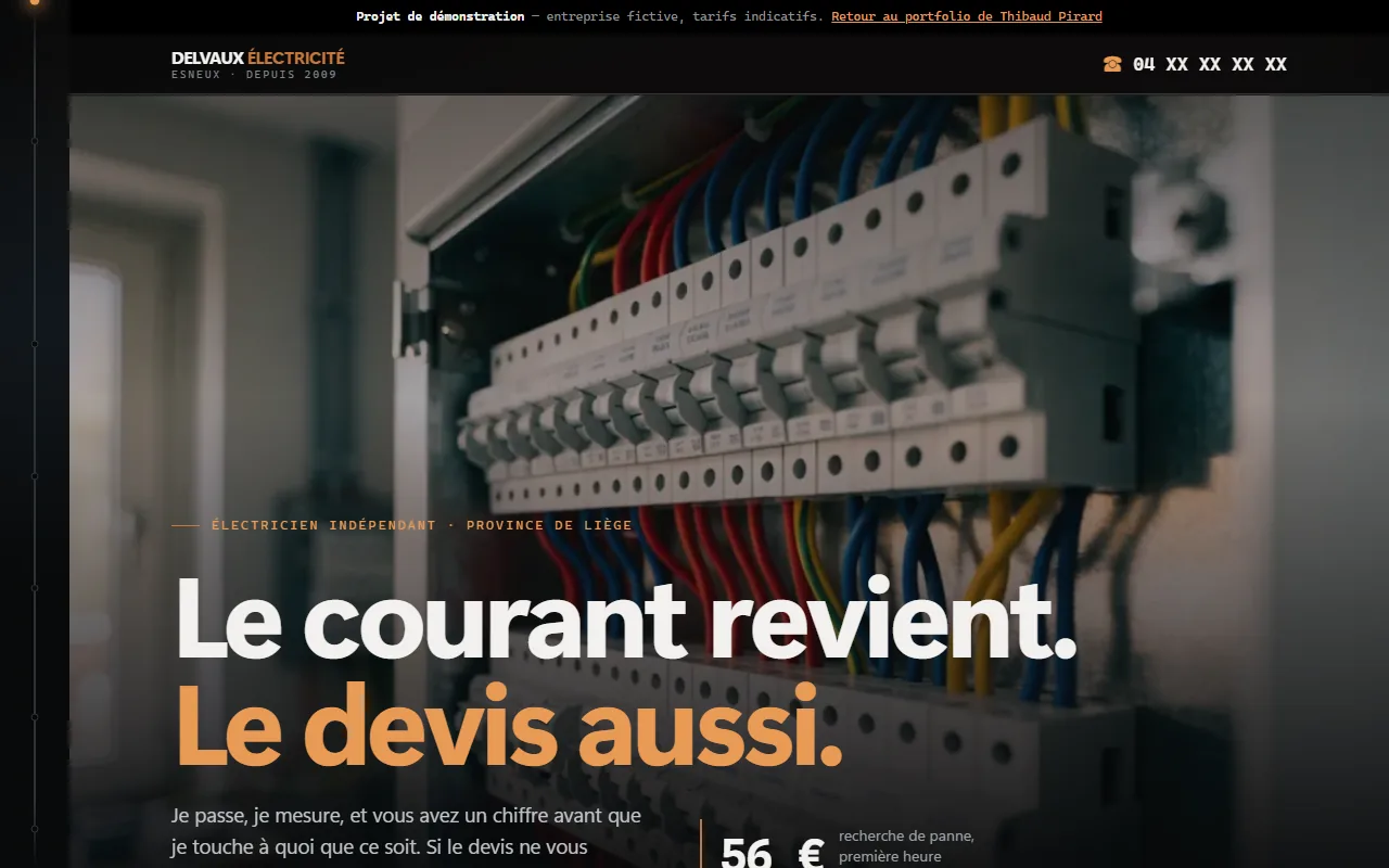 Page d'accueil du site de démonstration, sur fond de tableau électrique.